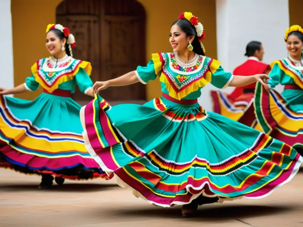 Un cautivador espectáculo de danzas tradicionales del mundo, con coloridos trajes y movimientos dinámicos en medio de una animada multitud