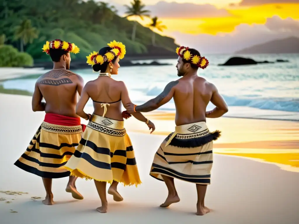 Un cautivador Meke fijiano en la playa al atardecer, con danzas, trajes tradicionales y ambiente cultural