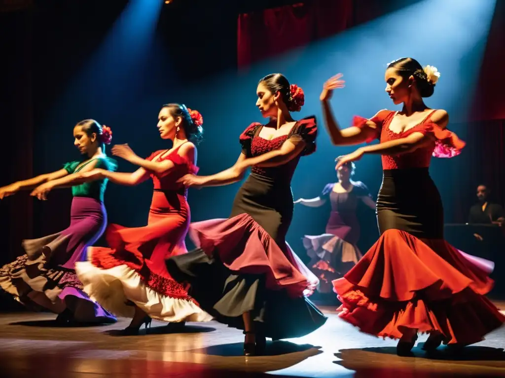 Cautivadora actuación de danza flamenca en escenario a media luz