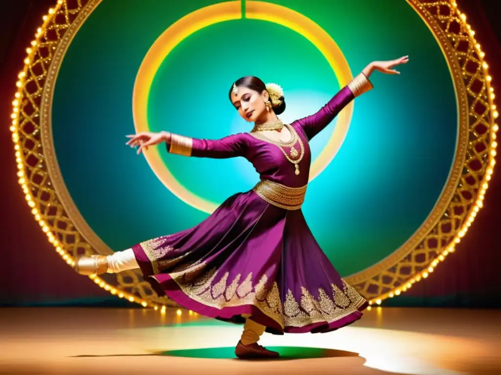 Una cautivadora danza Kathak india en traje tradicional, con movimientos gráciles y detallados, evocando pasión cultural