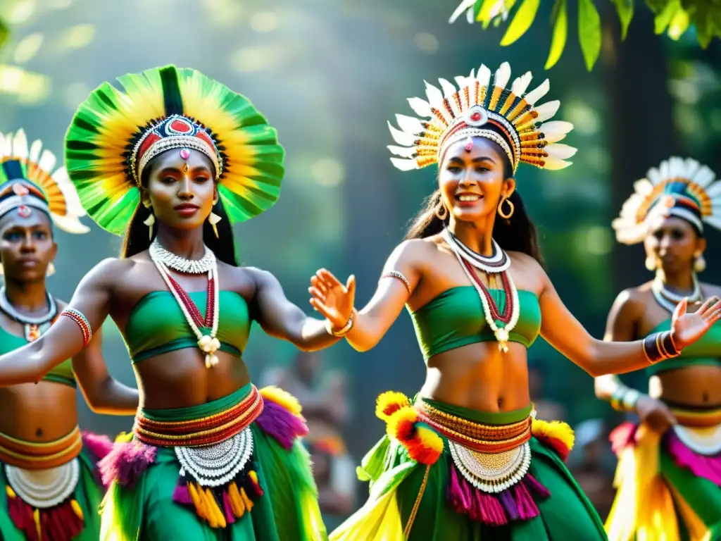 Una cautivadora danza tribal étnica en un exuberante bosque, transmitiendo teorías y prácticas en danzas étnicas con gracia y colorido