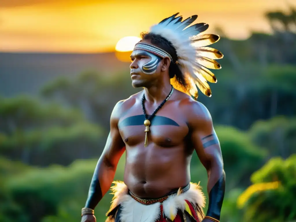 Un cazador aborigen realiza una danza tradicional bajo la luz dorada del atardecer, rodeado de exuberante vegetación