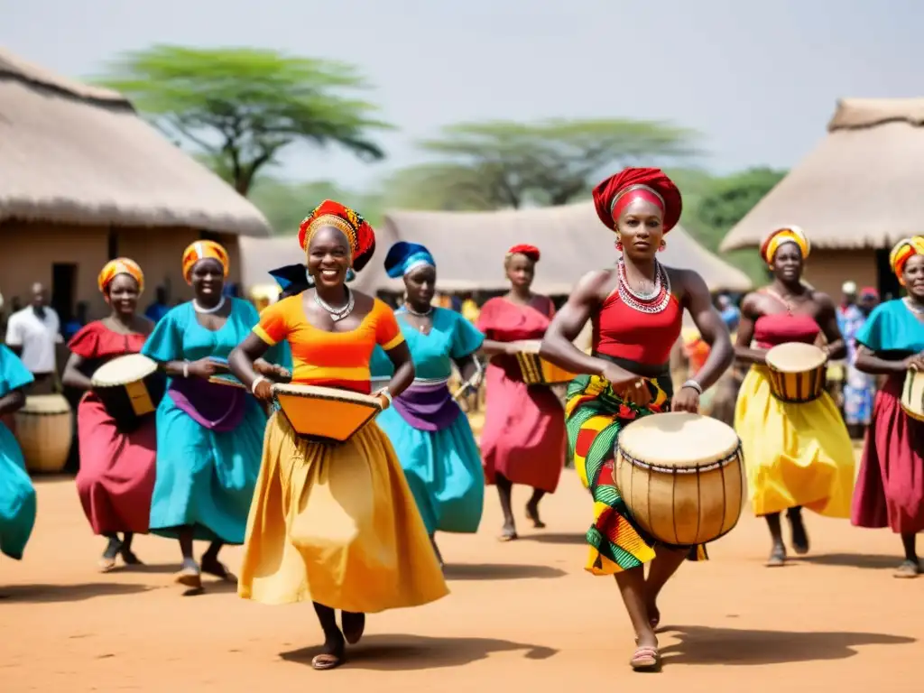 Una celebración de danza africana en una aldea vibrante, con significado cultural y roles de género entrelazados