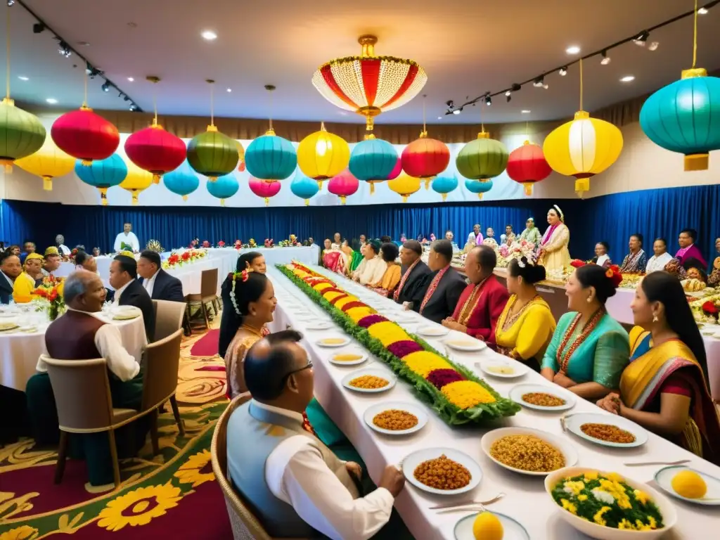 Una celebración de danzas tradicionales y comida tradicional, con platos coloridos y personas disfrutando de la comida y la danza