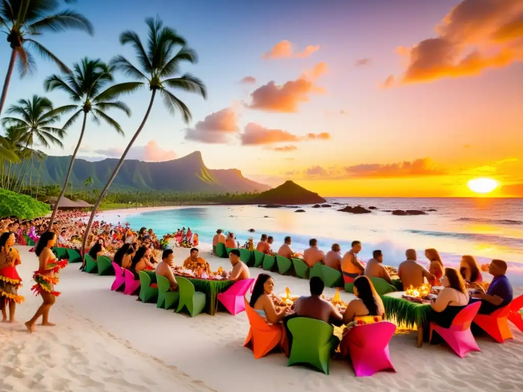 Una celebración del luau hawaiano al atardecer en la playa, con gente, comida y música tradicional