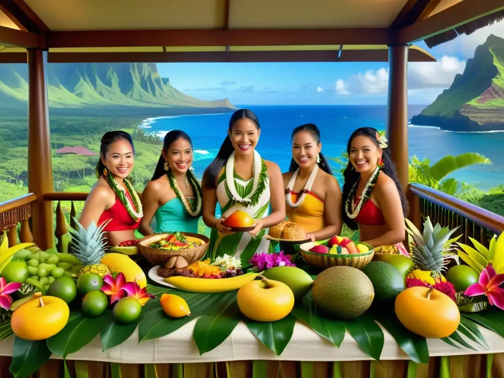 Una celebración del Lū’au Hawaiano, con mesa adornada y bailes tradicionales entre exuberante vegetación