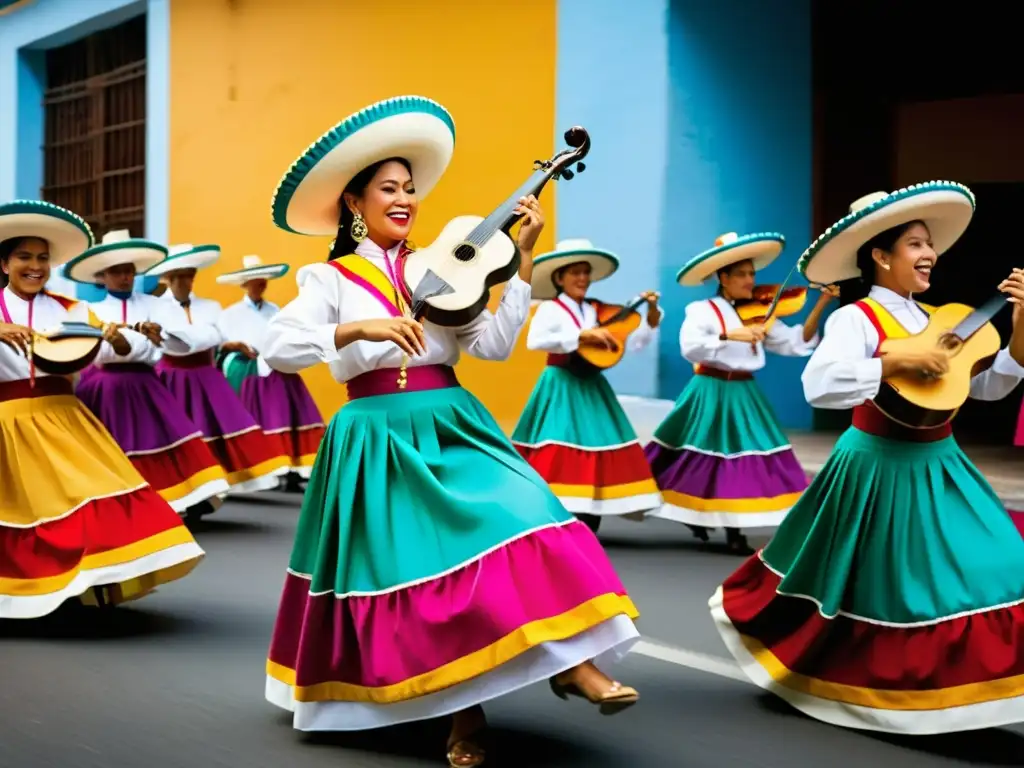 Una celebración vibrante del Son Jarocho en Veracruz, México, llena la imagen de significado cultural y colorida tradición afro-mexicana