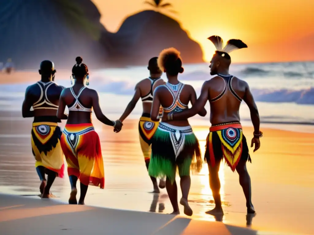 Una ceremonia de danza tradicional en la playa al atardecer, con influencia del cristianismo en las danzas tradicionales de Oceanía