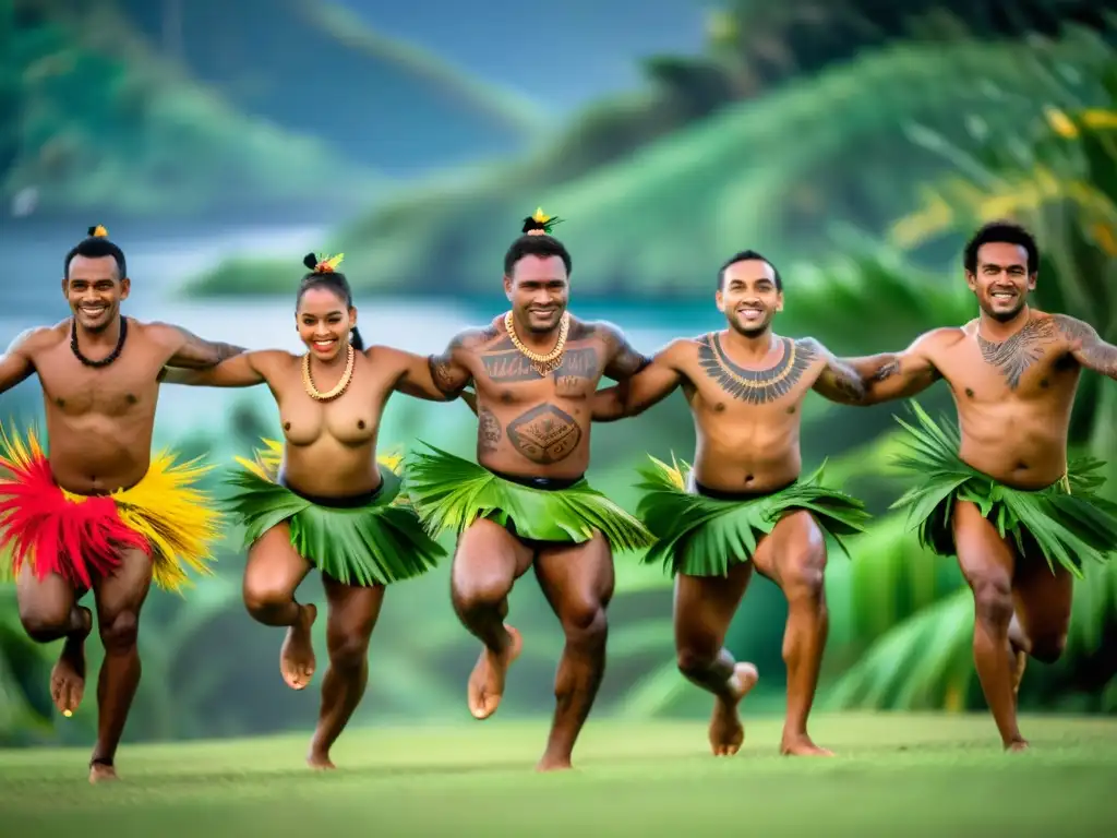 Ceremonia de danza tradicional Fijiana con trajes vibrantes en exuberante paisaje tropical