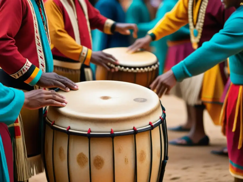 Una ceremonia de danza vibrante y enérgica con tambores tradicionales, movimientos fluidos y expresiones enfocadas, bañada en cálida luz dorada