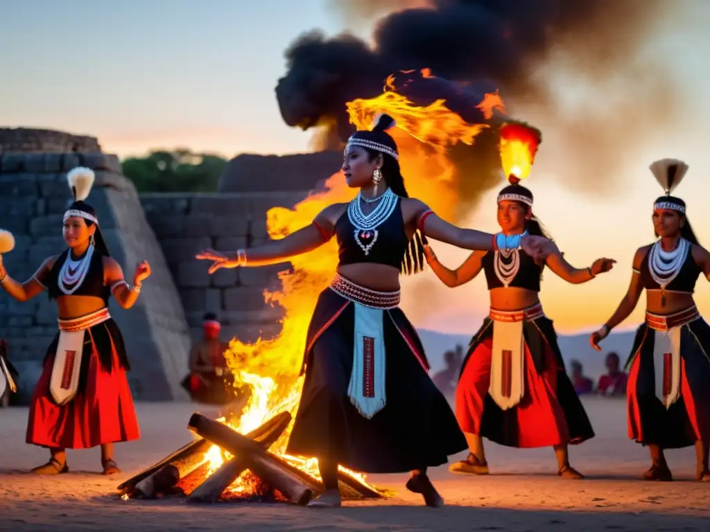 Una ceremonia sagrada de danza tradicional indígena alrededor de una fogata, con vestimenta vibrante