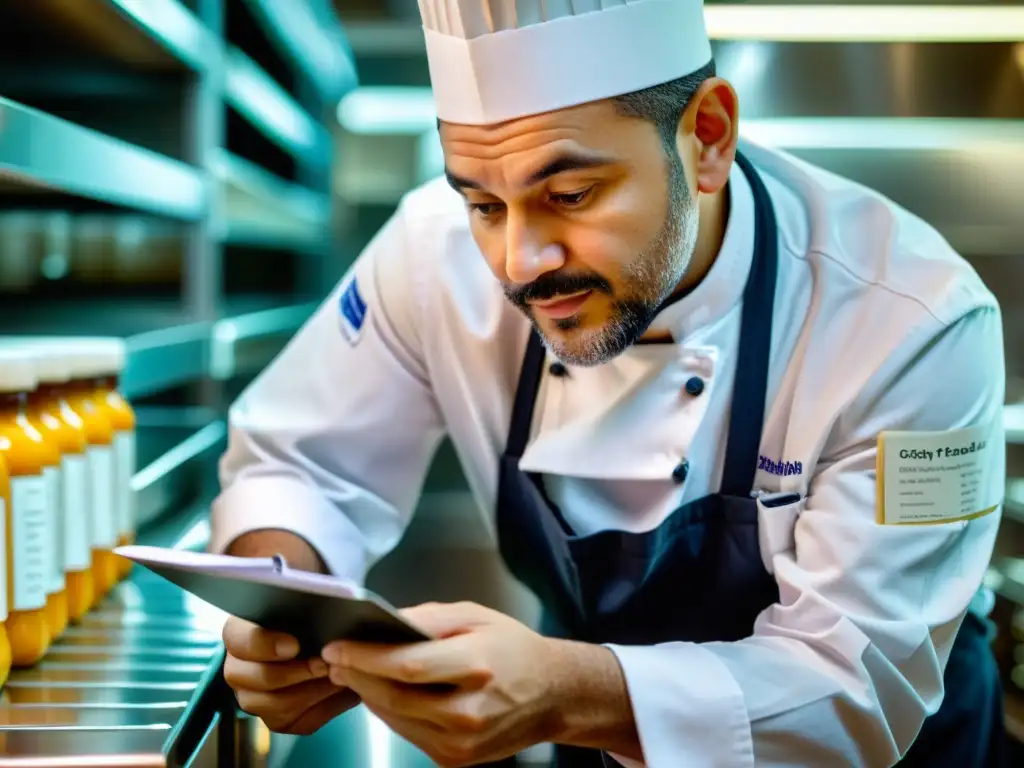 Un chef concentradamente planificando comidas para giras, revisando etiquetas de alimentos en diferentes idiomas