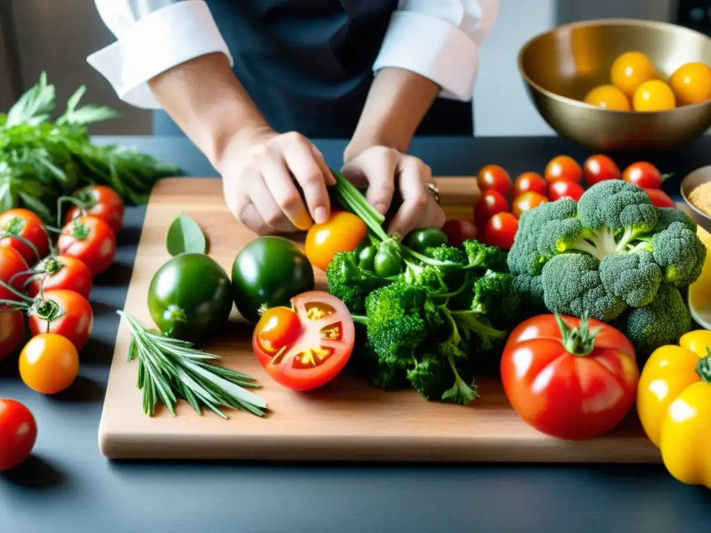 Un chef organiza con destreza ingredientes frescos y coloridos en una tabla de cortar de madera, destacando la planificación de comidas para giras