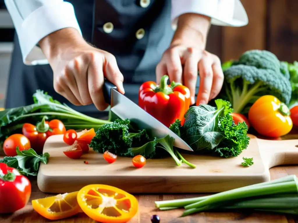 Un chef corta hábilmente verduras coloridas en una tabla de madera