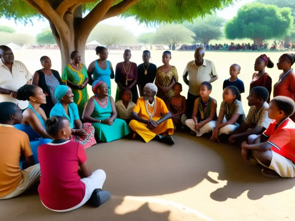 Un círculo de ancianos bailarines africanos comparte historias y movimientos, mientras la generación más joven escucha atentamente y emula sus gestos