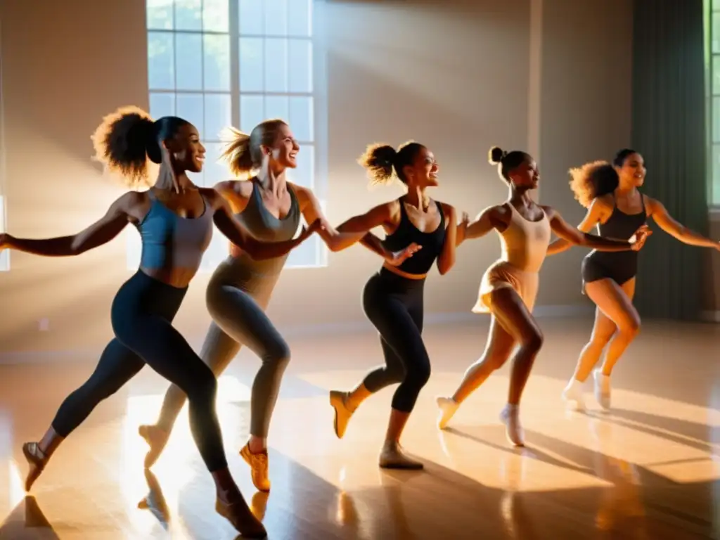 Un círculo de bailarines apasionados y diversos se mueven en perfecta armonía al ritmo de la música en un estudio inundado de luz natural