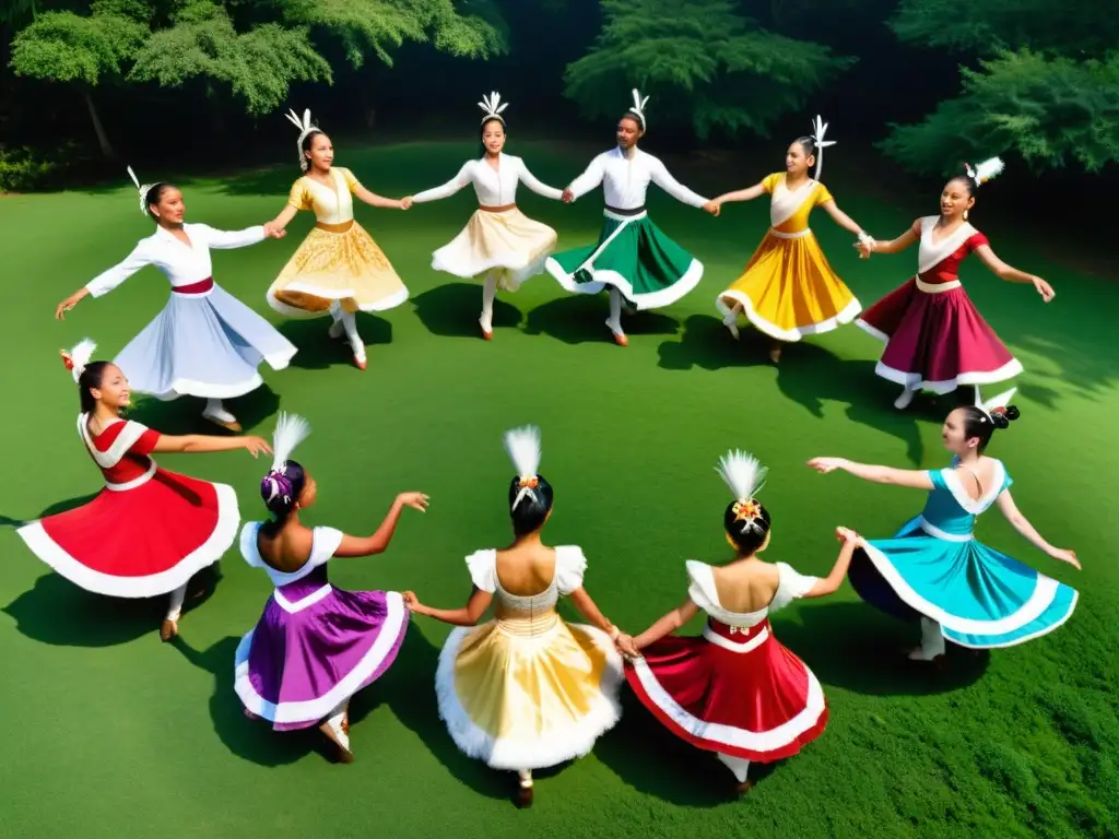 Un círculo de bailarines de diversas culturas ejecutan danzas tradicionales en un claro soleado, rodeados de exuberante vegetación