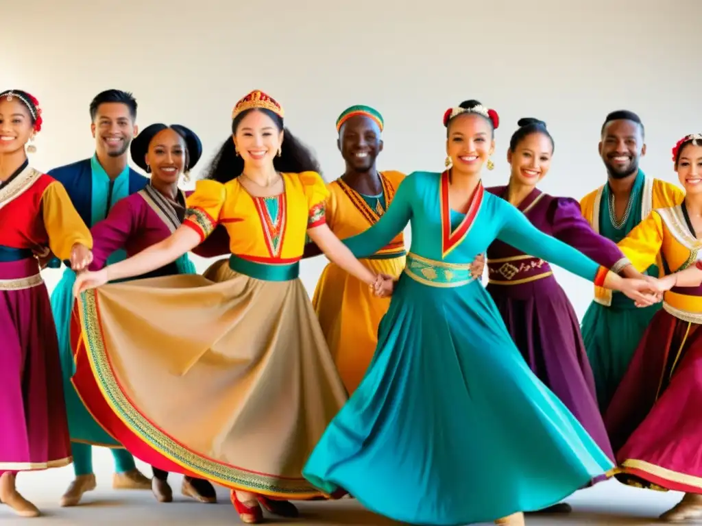 Un círculo de bailarines de diferentes culturas en trajes tradicionales, unidos y sonrientes, expresando respeto y disfrute de danzas tradicionales