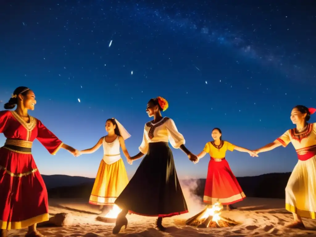 Un círculo de bailarines diversos en trajes tradicionales bajo un cielo estrellado, realizando una danza ceremonial alrededor del fuego