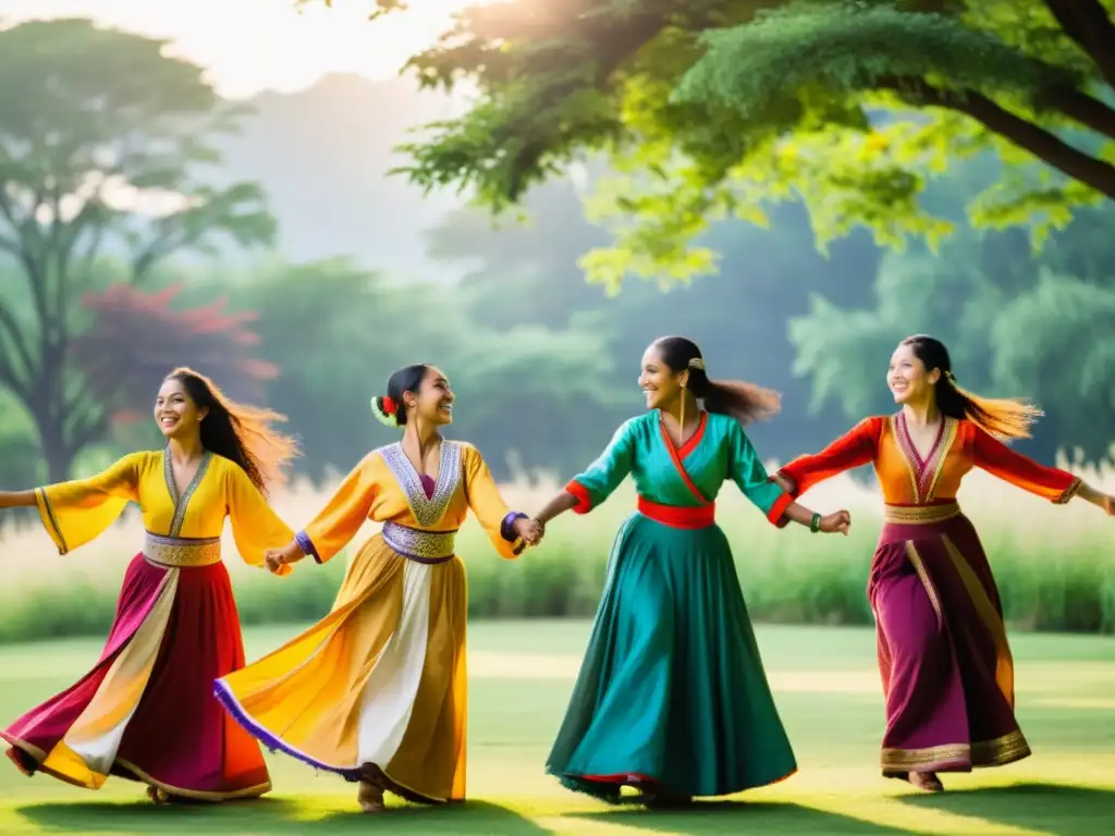 Un círculo de bailarines diversos con trajes tradicionales, unidos y sonrientes, ejecutan una danza sincronizada al aire libre