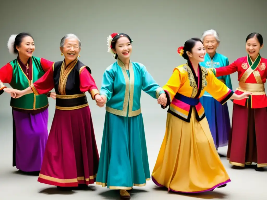 Un círculo de bailarines de todas las edades y colores, realizando una danza tradicional asiática