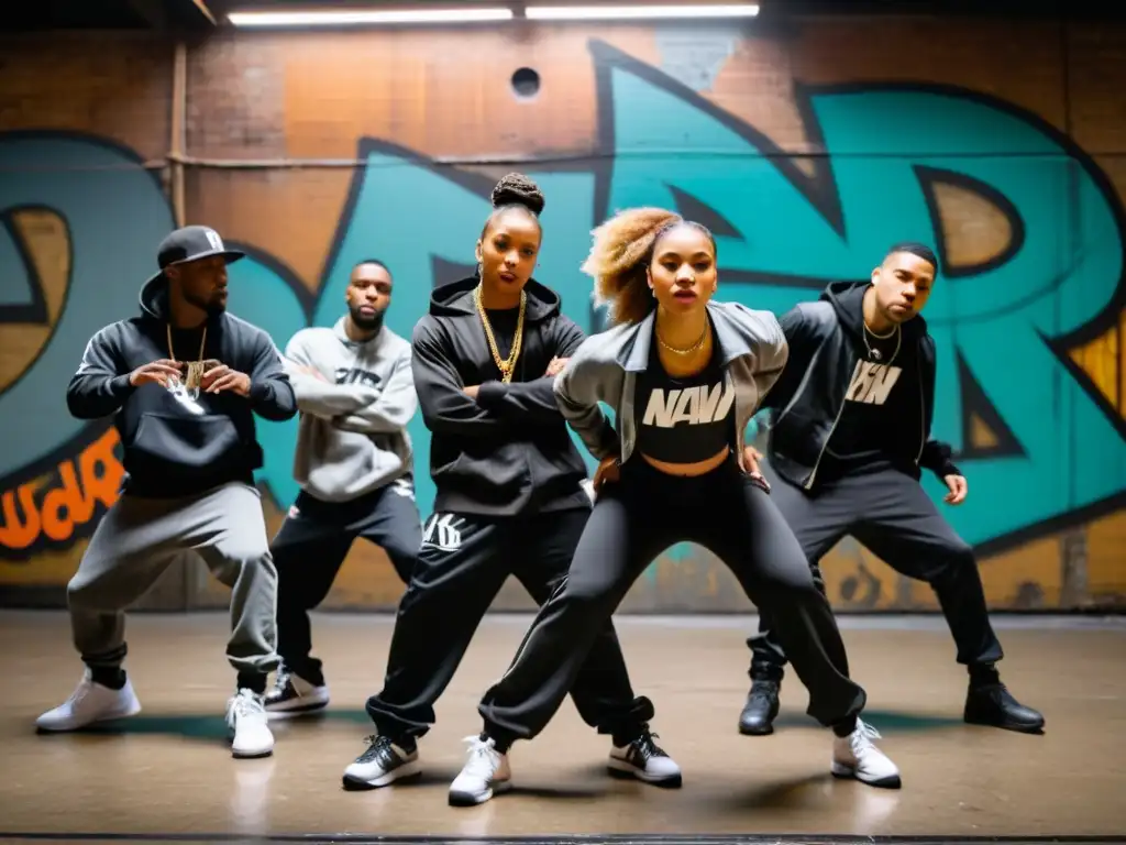 Un círculo de bailarines de hip hop en poses dinámicas, expresando la pasión y energía del baile urbano