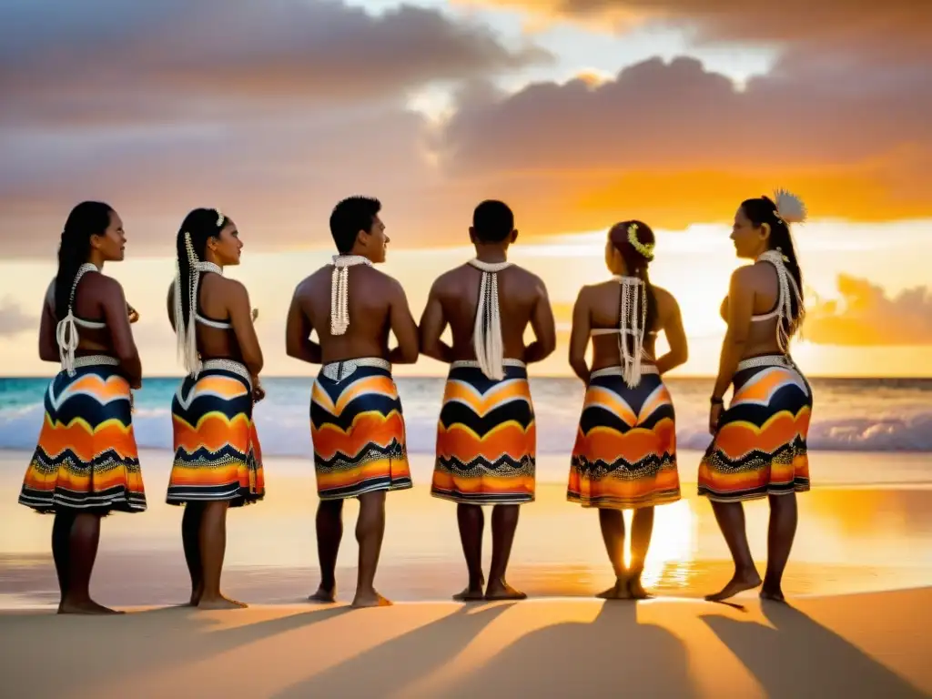 Un círculo de bailarines marshaleses con decoración corporal en danzas tradicionales, en una playa al atardecer