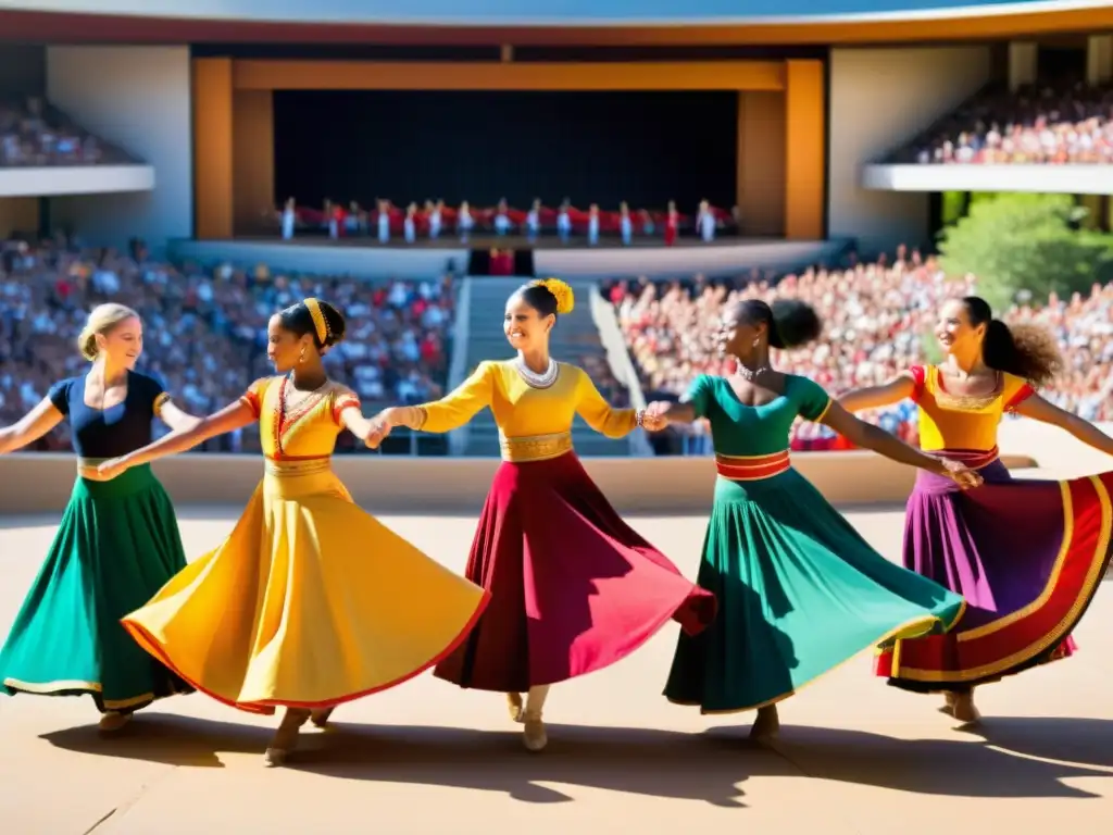 Un círculo de bailarines de todo el mundo, unidos en una danza tradicional, exhibiendo pasión y diversidad