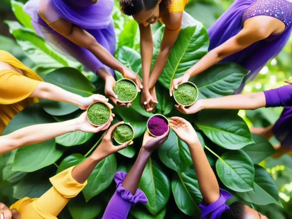 Un círculo de bailarines profesionales sosteniendo superalimentos en un bosque, transmitiendo energía y vitalidad