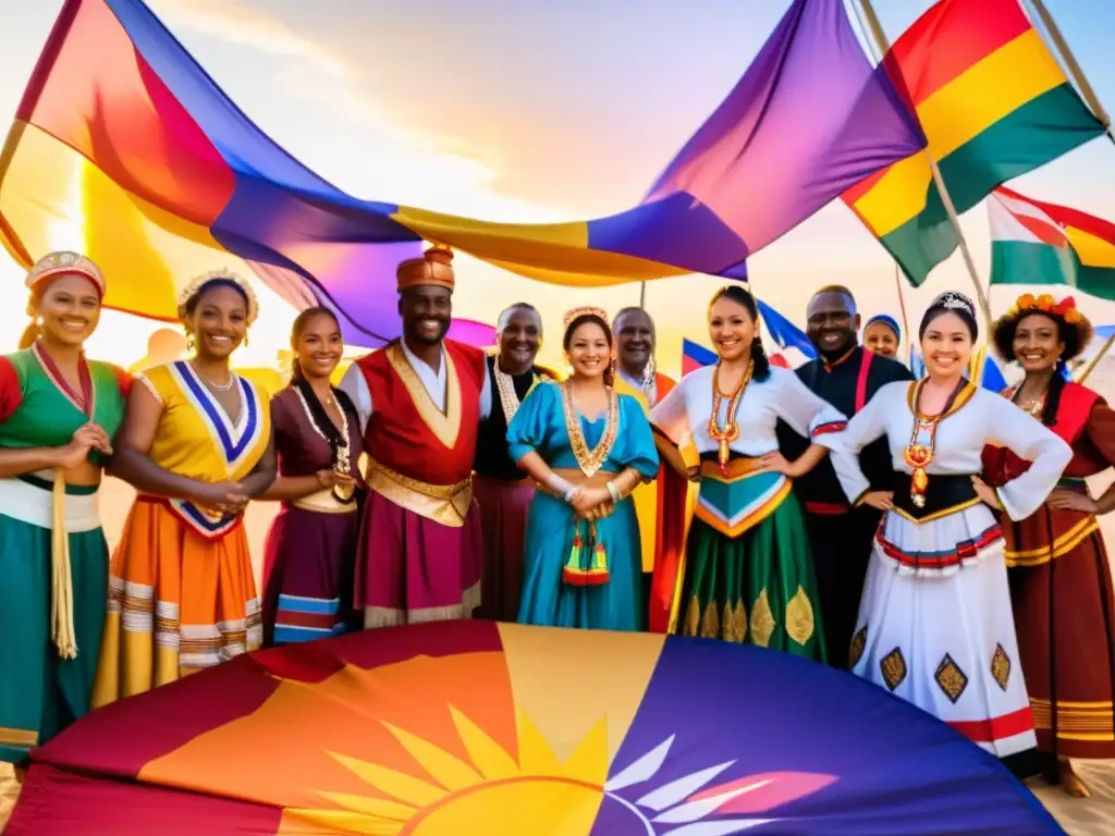 Un círculo de bailarines tradicionales de diferentes culturas, unidos en danza, rodeados de banderas coloridas