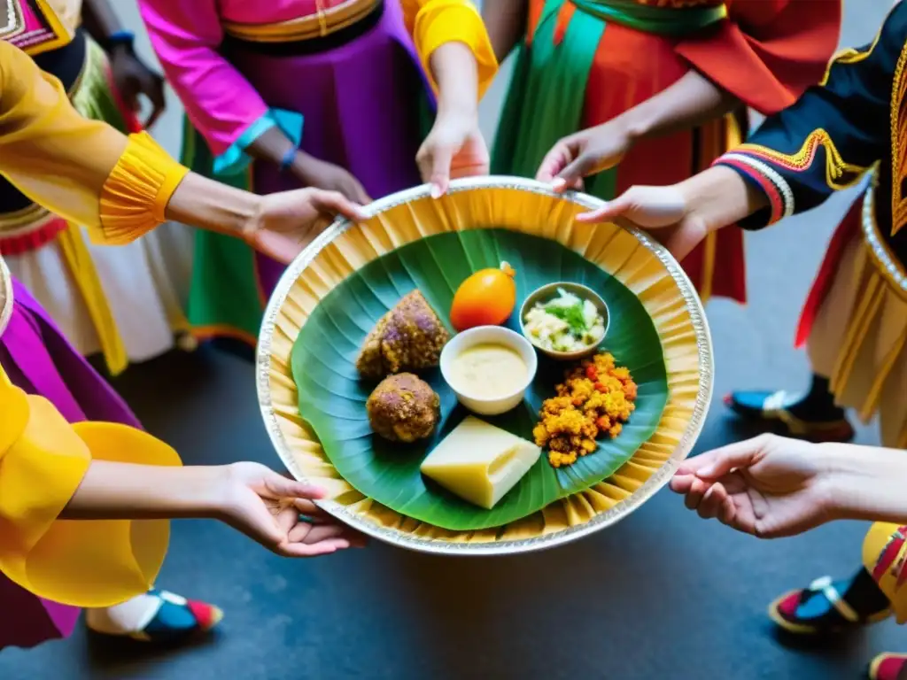 Un círculo de bailarines tradicionales de todo el mundo se prepara para el escenario, sosteniendo comidas preescenario para bailarines