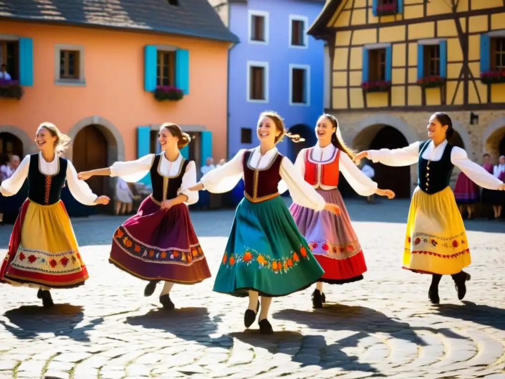 Un círculo de bailarines en trajes folclóricos europeos revive danzas tradicionales en la plaza del pueblo, irradiando energía y tradición