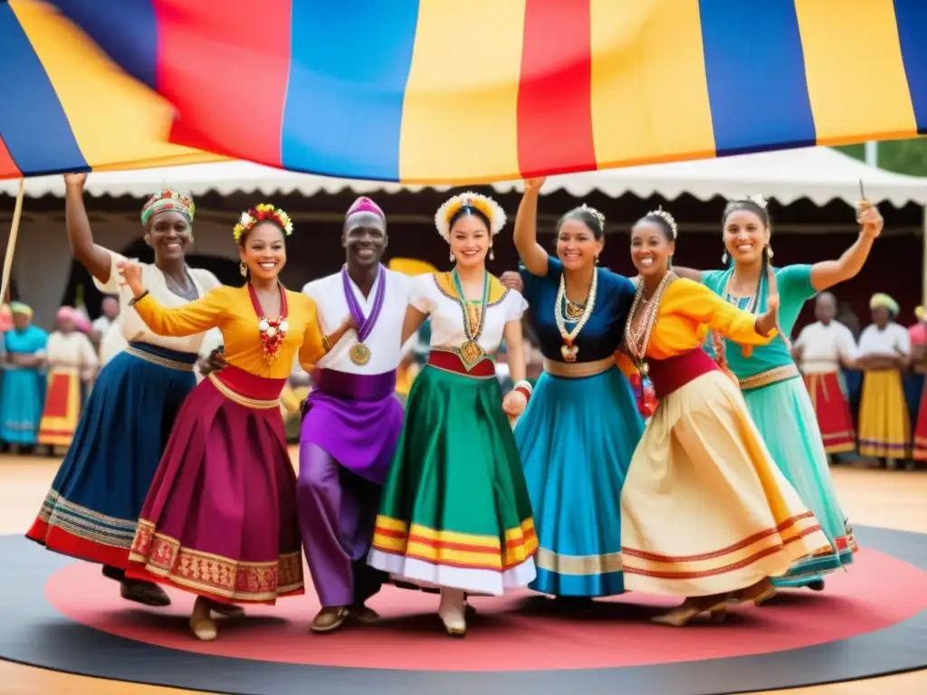 Un círculo de bailarines con trajes tradicionales de todo el mundo, celebrando la diversidad en danza tradicional global