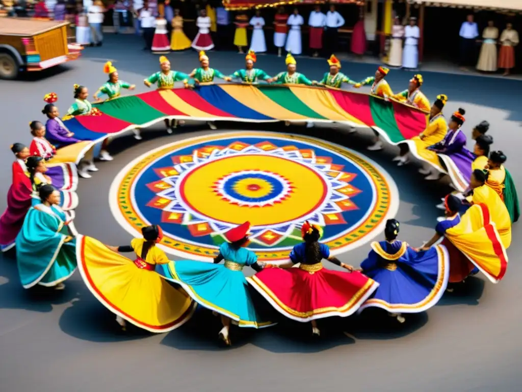 Un círculo de bailarines con trajes tradicionales en un bullicioso mercado