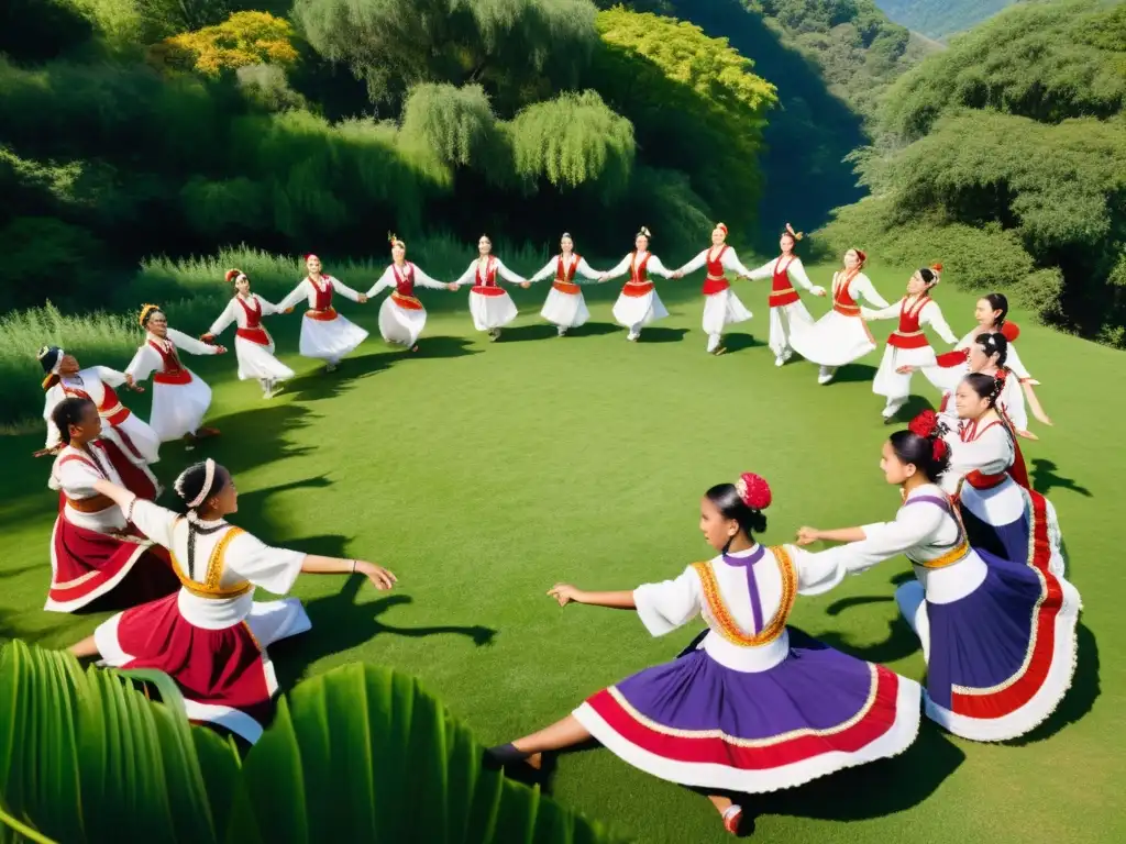 Un círculo de bailarines con trajes tradicionales vibrantes en un claro soleado rodeado de exuberante vegetación