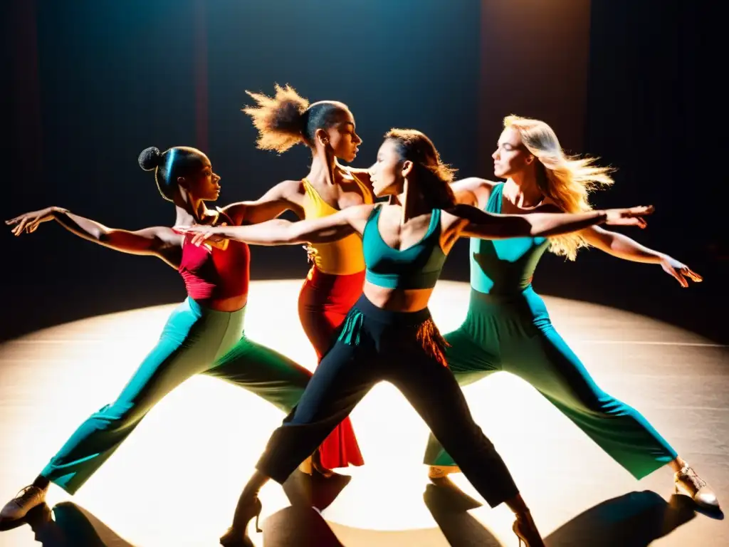 Un círculo de bailarines con trajes vibrantes, expresando emoción y conexión a través de la danza