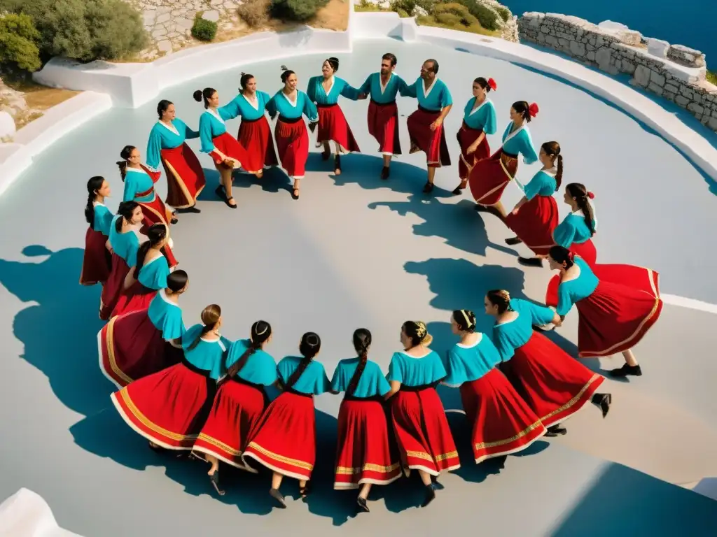 Un círculo de baile griego tradicional capturado en 8k desde un punto alto