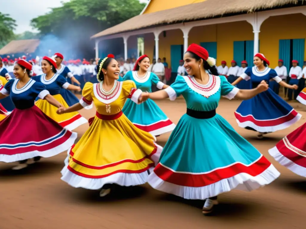 Un círculo de baile tradicional Paraguayo, con trajes coloridos y movimientos sincronizados, muestra el significado comunitario de la danza Paraguaya