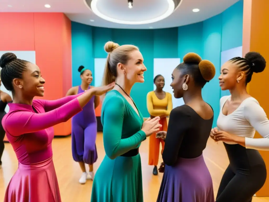 Un círculo de maestros de danza discute técnicas de enseñanza tradicional, rodeados de coloridos trajes y espejos que reflejan su pasión y creatividad