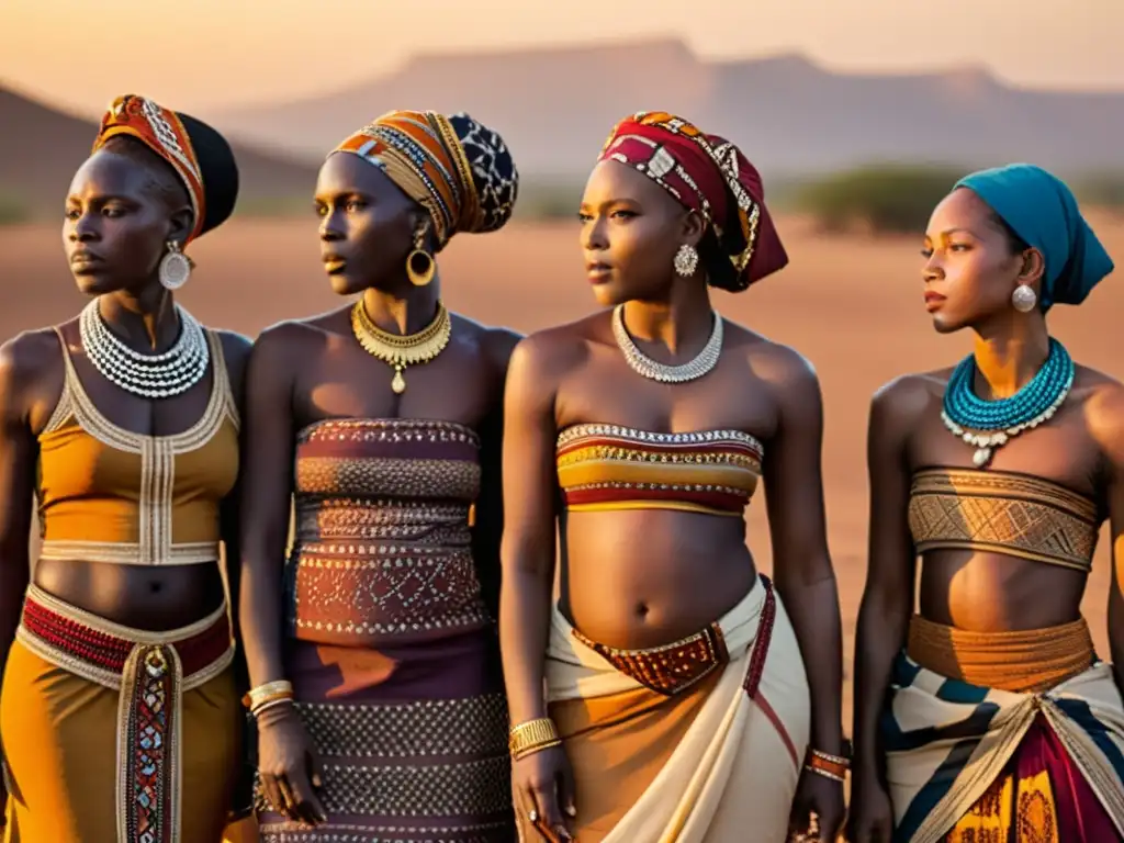 Un círculo de mujeres africanas de distintas tribus, luciendo sus coloridos atuendos tradicionales bajo la cálida luz dorada del atardecer