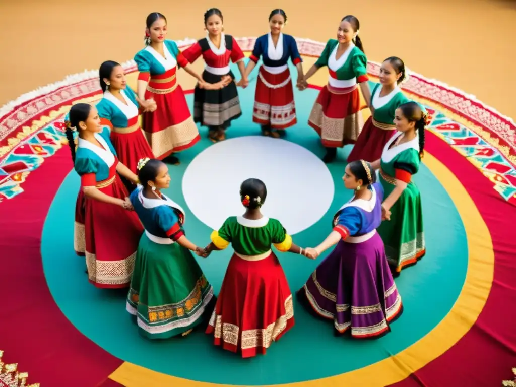 Un círculo de mujeres ejecutando una danza folclórica sincronizada, exudando fuerza y confianza, con trajes tradicionales coloridos