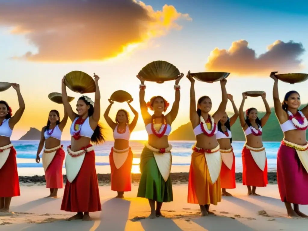 Un círculo de mujeres tahitianas viste trajes tradicionales mientras entonan un Himene Tarava en una playa al atardecer