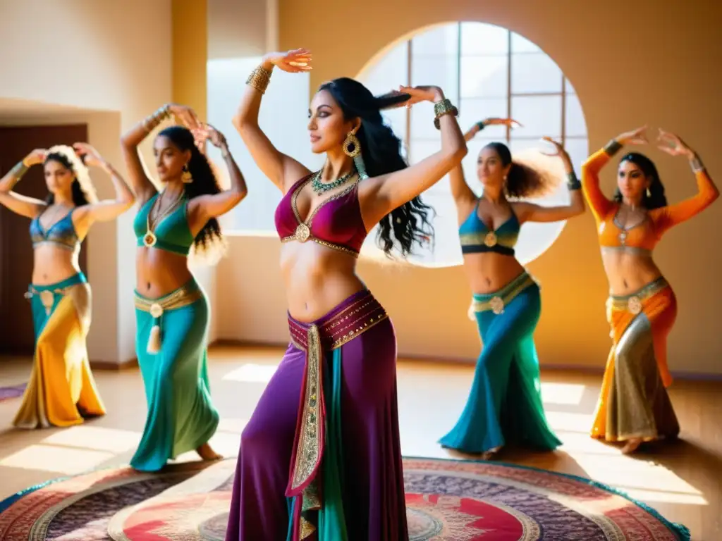 Un círculo de mujeres en trajes de danza del vientre practican movimientos elegantes en un estudio soleado, exudando empoderamiento y belleza en retiros de danza del vientre