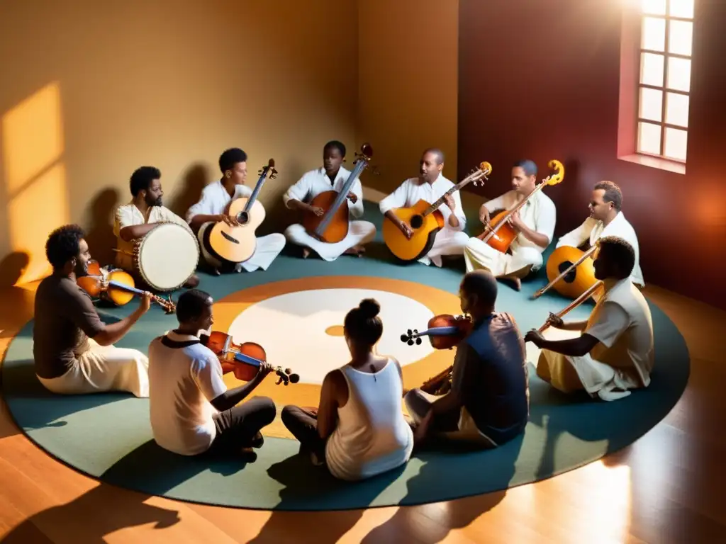 Un círculo de músicos crea melodías en instrumentos tradicionales, bañados por la cálida luz del atardecer