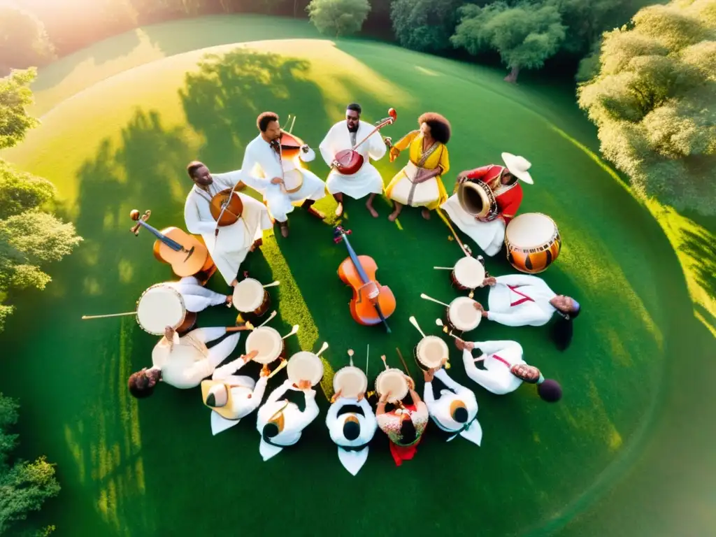 Un círculo de músicos con trajes coloridos tocando instrumentos tradicionales en un campo verde, creando una biblioteca musical danzas del mundo