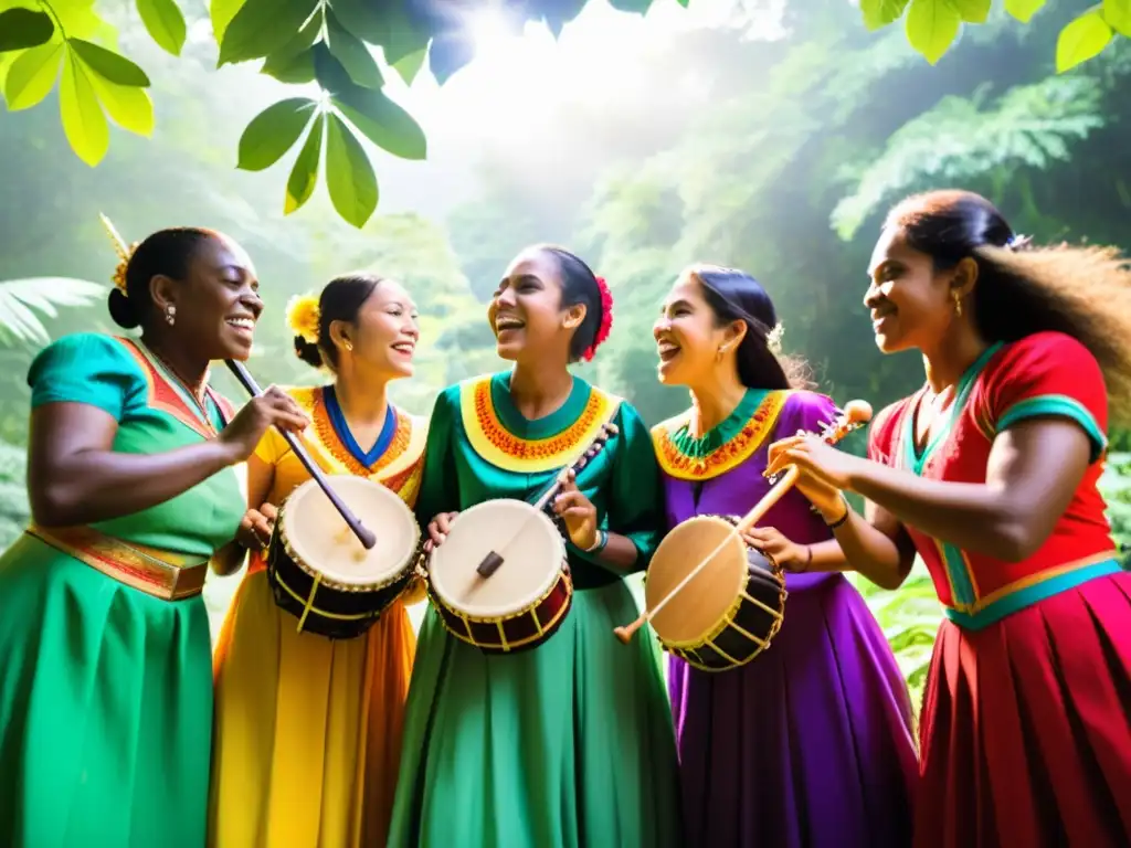 Un círculo de músicos con trajes coloridos, tocando instrumentos tradicionales del mundo en un bosque exuberante