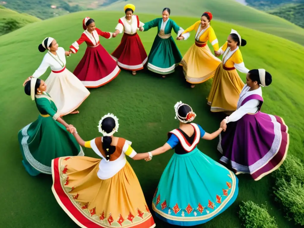 Un círculo de personas de diferentes culturas bailando juntas al aire libre, uniendo tradiciones en un suave baile interactivo