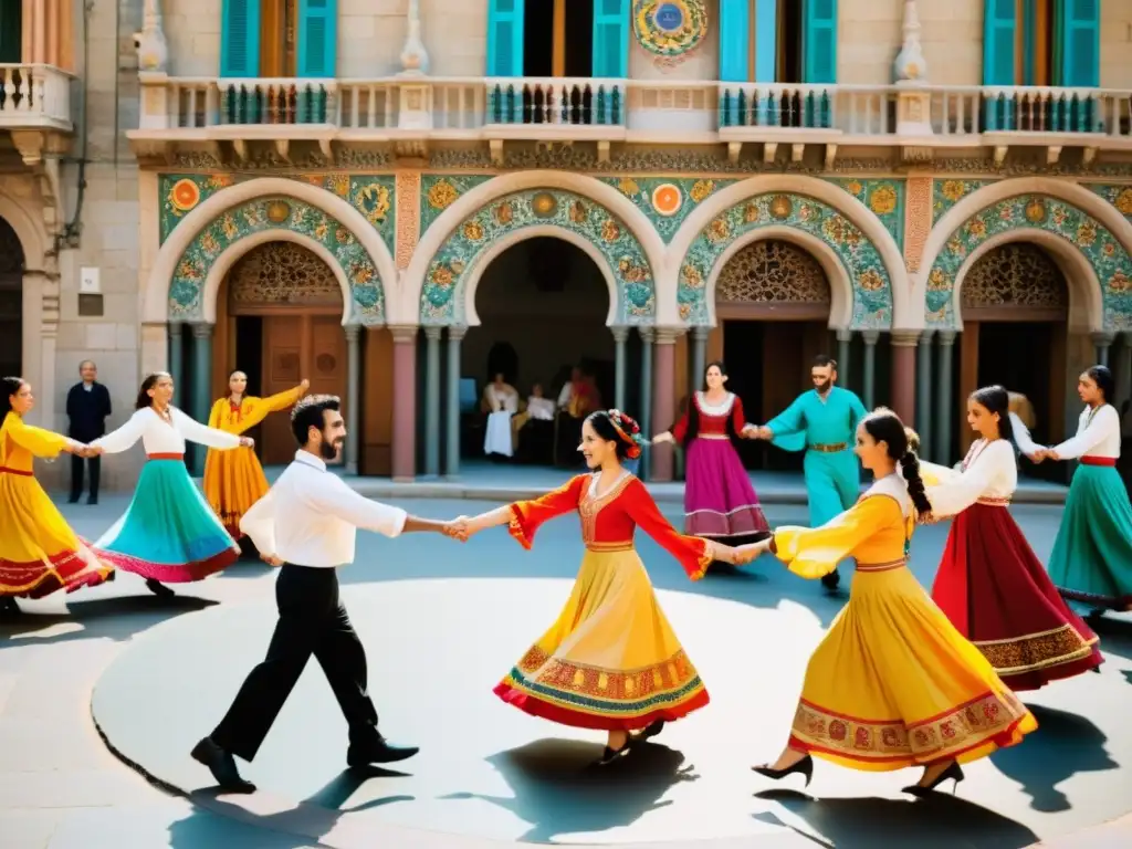 Un círculo de personas bailando la Sardana con vestimenta tradicional catalana, mostrando significado cultural y técnica