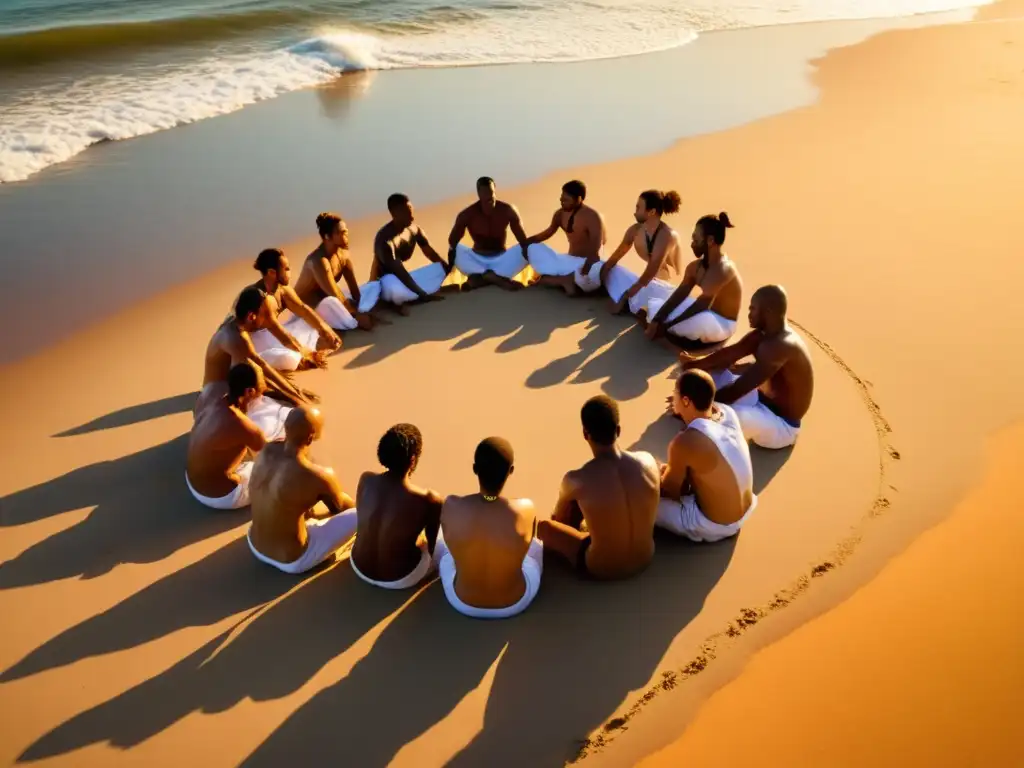 Un círculo de practicantes de capoeira en la playa al atardecer, expresando la resistencia y significado cultural de la capoeira brasileña