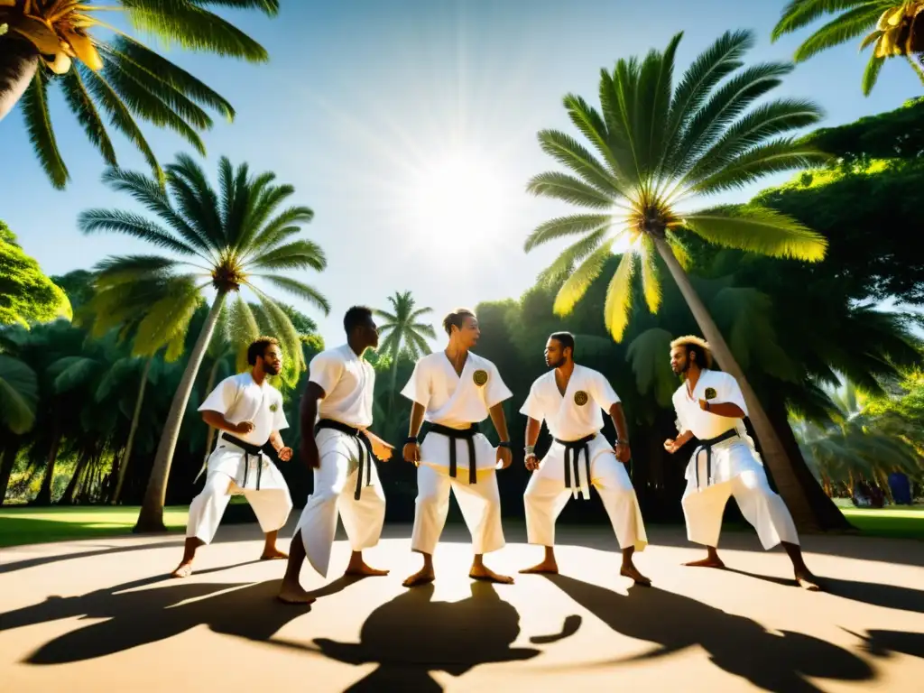 Un círculo de practicantes de capoeira tradicional realiza movimientos acrobáticos bajo palmeras